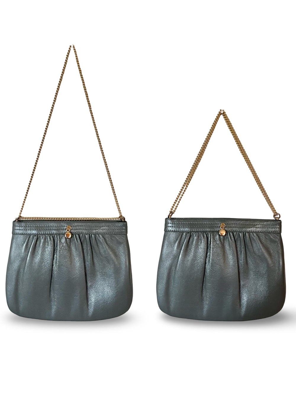 Vintage Ande Steel Gray Leather Pleated Pouch Handbag Gold Convertible Chain